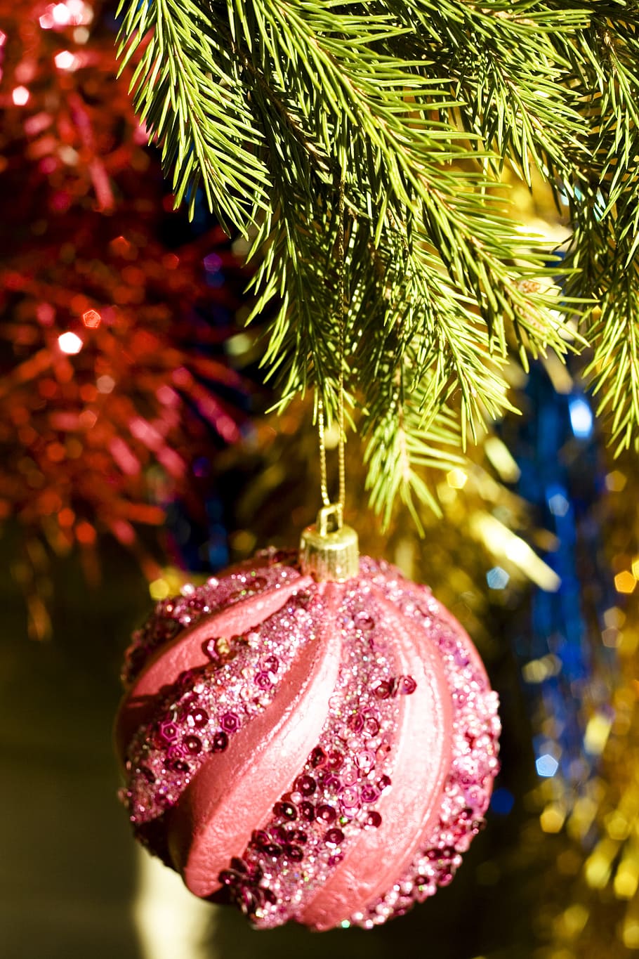 fons, pilota, bauble, blau, borrós, brillant, celebració, Nadal, arbre de Nadal, color, conífera, coníferes, decoració, avet, regal, or, penjant, festa, imatge, ornament, pi, arbre, decoració de Nadal, primer pla, centrar-se en primer pla, adorn de Nadal, planta, cap gent, fruita, llums de Nadal, menjar i beguda, frescor, menjar, vacances - esdeveniment, a l'aire lliure, 4K