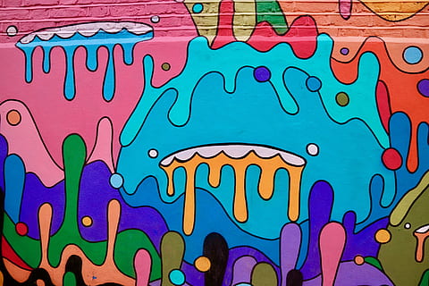 graffiti, umění, malovat, povrch, barva, ulice, městský, wallart, pouliční umění, růžový, modrý, odkapávat, zeď, camdentown, Londýn, nástěnné umění, pozadí, vícebarevné, vzor, ilustrace, abstraktní, dekorace, puntíkovaný, 2K, CC0, veřejná doména, bez autorských práv
