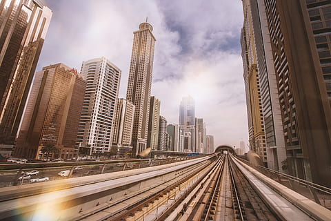 beautiful, view, metro, skyscrapers, downtown, dubai, built structure, architecture, building exterior, city, office building exterior, skyscraper, transportation, rail transportation, sky, track, tower, building, railroad track, mode of transportation, public transportation, city life, cloud - sky, tall - high, nature, landscape, no people, cityscape, bridge - man made structure, outdoors, modern, 4K