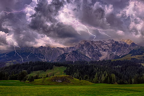 Gewitter, Blitz, Wolken, Himmel, bedrohlich, Berge, alpin, Landschaft, Natur, Panorama, Berglandschaft, salzburgerland, Österreich, Schönheit in der Natur, Berg, wolke - himmel, Umgebung, Szenen - Natur, Sturm, Kraft in der Natur, Gebirge, Gras, Pflanze, Baum, Land, Leistung, keine Leute, draußen, Gipfel, 5K, CC0, gemeinfrei, lizenzfrei
