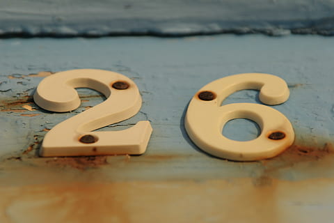 26, numbers, blue, rustic, rust, paint, close-up, no people, table, still life, metal, indoors, selective focus, wood - material, white color, design, shape, art and craft, technology, day, focus on foreground, hole, security, lock, 2K, CC0, public domain, royalty free