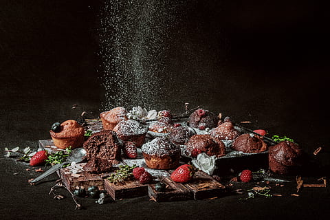 assorted cooked food, food, food and drink, freshness, healthy eating, fruit, no people, indoors, sweet food, wood - material, studio shot, baked, table, berry fruit, meat, preparation, kitchen utensil, wellbeing, abundance, cake, vegetable, black background, 4K, CC0, public domain, royalty free