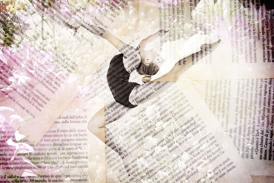 ballarina, ballet, flors, llibre, pàgines, paraules, feliç, inspirador, bonic, noia, dona, dansa, femení, rosa, blanc, groc, llum, persones reals, gent, arquitectura, compost digital, text, homes, paper, dia, comunicació, estructura construïda, llum solar, exposició múltiple, estils de vida, naturalesa, dones, a l'aire lliure, ciutat, adult, finestra, 5K