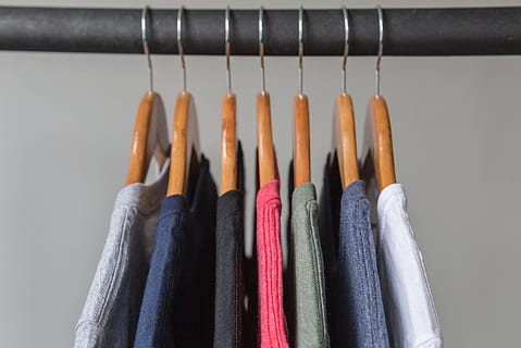 t shirt store photo, Fashion, Mens Fashion, Sale, Clothes, T-Shirts, Planning, Store, Local, Blue, Red, Wood, Green, hanging, variation, choice, coathanger, no people, multi colored, close-up, indoors, clothing, textile, wood - material, in a row, rack, large group of objects, studio shot, side by side, still life, order, gray, garment, 4K, CC0, public domain, royalty free