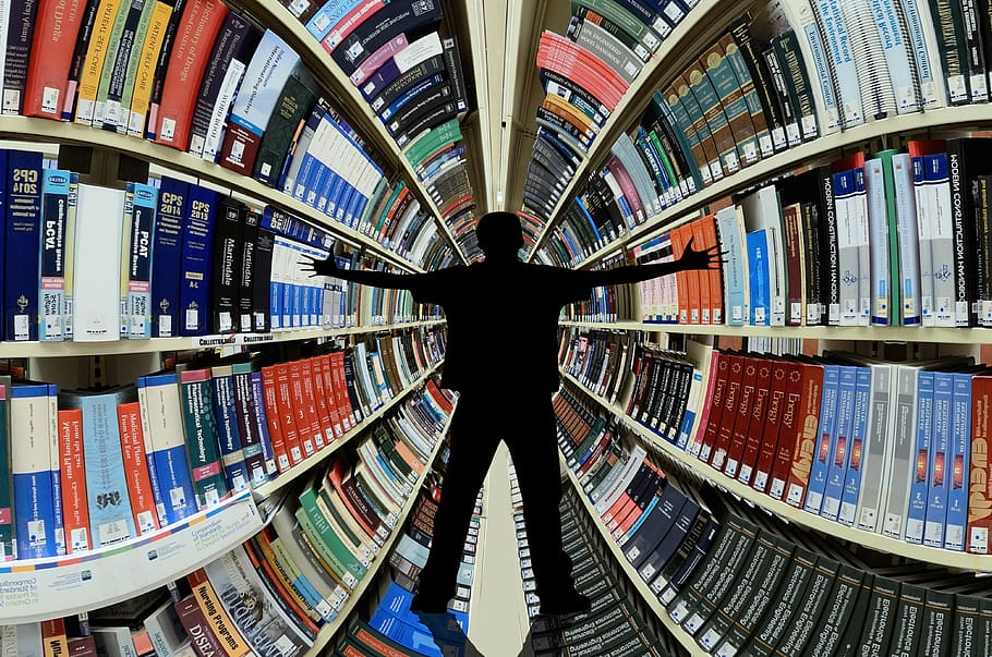 biblioteca, llibres, coneixement, informació, prestatgeries, home, silueta, braços estesos, prestatge per a llibres, dades, universitat, aprendre, educació, estudiar, recerca, llibres de biblioteca, literatura, publicació, experiència, saviesa, escola, llibre, prestatge, a l'interior, gent, arquitectura, arranjament, gran grup d'objectes, estructura construïda, persones reals, aprenentatge, variació, elecció, estils de vida, edifici, activitat d'oci, ordre, 4K