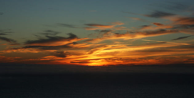 sunset, dusk, twilight, sky, red, cloud, flame, fire, cloud - sky, scenics - nature, beauty in nature, tranquility, tranquil scene, orange color, water, sea, horizon, horizon over water, no people, waterfront, idyllic, nature, dramatic sky, silhouette, outdoors, ominous, 1080P, CC0, public domain, royalty free