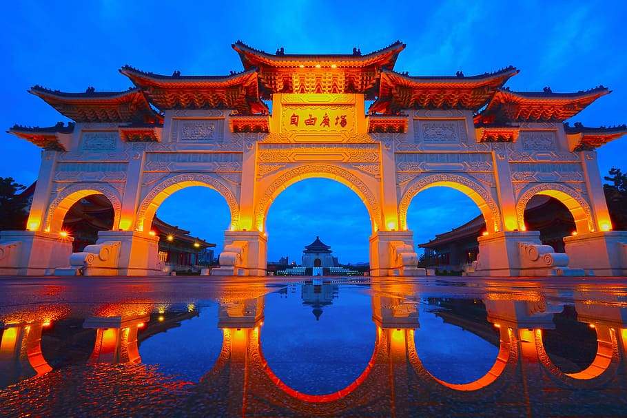 taiwan reflections, architecture, building, sunset, illuminated, built structure, travel destinations, arch, reflection, dusk, sky, tourism, water, building exterior, travel, history, nature, the past, city, no people, night, outdoors, ornate, 4K