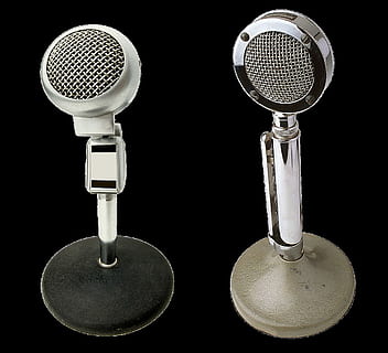 air, microphone, object, mike, speak, studio shot, black background, input device, indoors, technology, music, close-up, two objects, no people, arts culture and entertainment, cut out, communication, equipment, still life, metal, single object, silver colored, three objects, audio electronics, electrical equipment, 720P, CC0, public domain, royalty free
