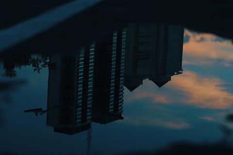 upside down buildings, architecture, buildings, dark, dusk, evening, light, outdoors, puddle, reflection, silhouette, street, sunset, travel, upside down, water, built structure, building exterior, sky, building, cloud - sky, no people, nature, city, low angle view, office building exterior, skyscraper, night, tower, 5K, CC0, public domain, royalty free