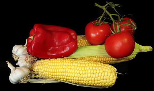 Sayuran, Jagung, Capsicum, tomat, Bawang putih, makanan, memasak, sayur-mayur, makanan dan minuman, makan sehat, kesejahteraan, latar belakang hitam, kesegaran, merah, masih hidup, dalam ruangan, buah, makanan mentah, tembakan studio, merapatkan, lada, tidak ada orang, jagung rebus, jagung manis, Makanan vegetarian, 4K, CC0, domain publik, bebas royalti