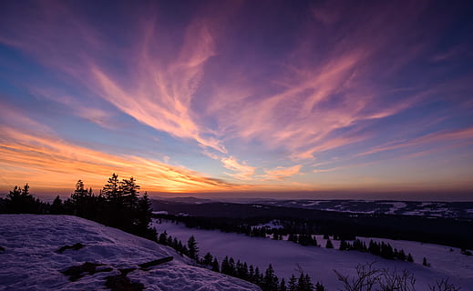 saulėlydis, dangus, medžiai, miškas, žiemą, sniegas, kraštovaizdį, vakare, Twilight, debesys, vadovavo, neuchatel, Šveicarija, grožis gamtoje, vaizdai - gamta, šalta temperatūra, ramioje scenoje, ramybė, debesis - dangus, aplinką, pobūdį, medis, nėra žmonių, ne miesto scenoje, augalų, idiliškas, oranžinė spalva, snowcapped kalnas, romantiškas dangus, 5K, CC0, Viešasis domenas, nemokamai