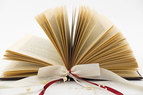 Schleife, Geschenk, Buch, Blätter, Seiten, Buchseiten, Papier-, aufgeschlagen, gescrollt, lesen, Literatur, Bildung, Veröffentlichung, öffnen, Studioaufnahme, Stillleben, Band, keine Leute, Nahansicht, weißer Hintergrund, Band - Nähartikel, drinnen, Seite, Kreativität, Bogen, Feier, Weisheit, kopieren sie platz, studieren, gebundenes Buch, 5K, CC0, gemeinfrei, lizenzfrei