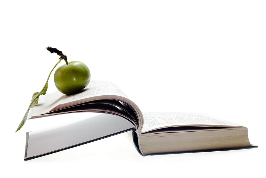 llibre, poma, aprenentatge, escola, educació, publicació, fruita, tallar, menjar i beguda, menjar, fons blanc, còpia espai, fruita de poma, alimentació saludable, tir de l'estudi, pomera de granny smith, a l'interior, obert, benestar, cap gent, frescor, bloc de notes, llibre de text, llibre de tapa dura, estudiar, 1080P