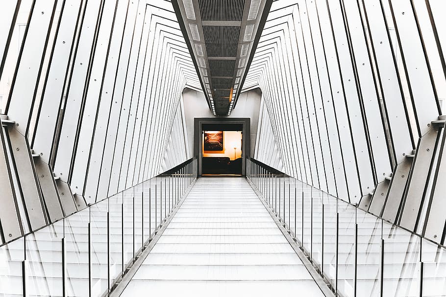 arquitectura, edifici, infraestructura, estructura, establiment, camí, blanc, vidre, estructura construïda, transport, vista d’angle baix, a l'interior, direcció, cap gent, el camí a seguir, signe, comunicació, il·luminat, transport públic, patró, perspectiva decreixent, funció de construcció de parets, modern, seguretat, transport per ferrocarril, sostre, passarel·la en moviment, 4K