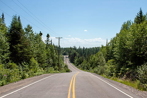 vial gris buit, carretera, manera, Canadà, québec, asfalt, arbre, planta, abies, avet, naturalesa, estiu, conífera, pi, promontori, agropyron, gespa, herba, picea, transport, cel, el camí a seguir, direcció, marcatge de carreteres, bellesa a la natura, símbol, marcatge, dia, creixement, signe, perspectiva decreixent, cap gent, carretera nacional, color verd, carretera buida, doble línia groga, electricitat, a l'aire lliure, línia divisòria, 5K, CC0, domini públic, lliure de regalies