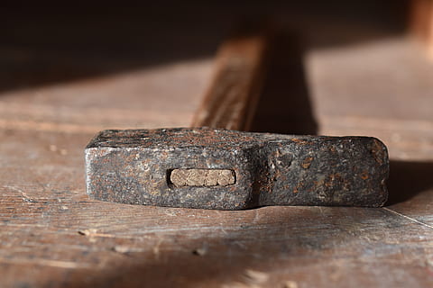 hammer, tool, carpenter, tools, diy, work, to build, wood, repair, carpentry, crafts, wood - material, close-up, no people, selective focus, indoors, metal, table, still life, focus on foreground, old, work tool, day, stack, rusty, equipment, extreme close-up, group of objects, food and drink, 5K, CC0, public domain, royalty free