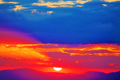 sunset, nature, sky, clouds, in the evening, solar, colors, romantic, landscape, cloud - sky, beauty in nature, orange color, scenics - nature, tranquil scene, dramatic sky, no people, tranquility, idyllic, environment, outdoors, mountain, blue, red, non-urban scene, meteorology, 5K, CC0, public domain, royalty free
