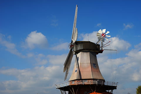moară, olandeză, moara de vant, cer, nori, peisaj, aripă, istoricește, moara de faina, vânt, Putere eoliana, arhitectură, pisa, conservarea istorică, istoric, turism, soare, vedere unghiulară joasă, nor - cer, turbină eoliană, conservarea mediului, energie regenerabila, combustibil și generarea de energie electrică, natură, zi, Energie alternativa, turbină, construită, mediu inconjurator, mori tradiționale de vânt, nici o persoana, lamă, în aer liber, tehnologie, 5K, CC0, domeniu public, fără drepturi de autor
