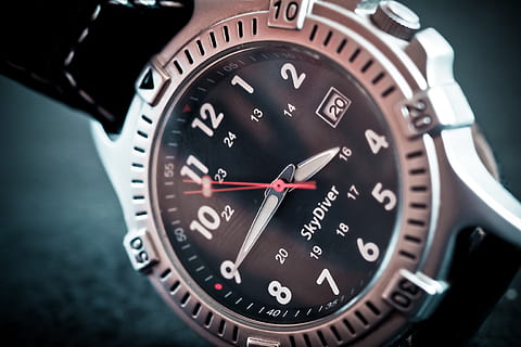 round silver-colored 3:45, countdown, dates, hours, time, timepiece, timer, wristwatch, number, watch, clock, close-up, clock hand, accuracy, minute hand, indoors, technology, instrument of time, fashion, second hand, metal, personal accessory, equipment, no people, communication, clock face, steel, luxury, black background, 4K, CC0, public domain, royalty free