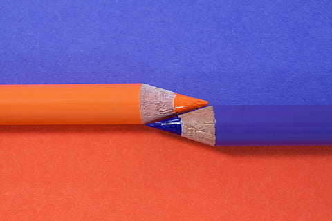 colored pencil, complementary, orange, violet, writing implement, character device, colorful, color, mine, lacquered, wood, pointed, tips on, write, draw, sketch, graphic design, flat design, blue, indoors, close-up, studio shot, colored background, no people, still life, orange color, copy space, red, table, shape, art and craft, wood - material, education, pencil, paper, design, cut out, purple, blue background, 4K, CC0, public domain, royalty free
