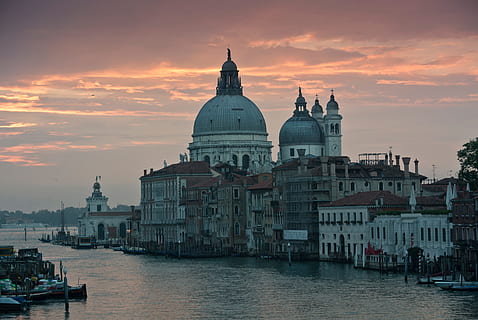 clouds, sky, building, structure, infrastructure, river, lake, ocean, sea, building exterior, architecture, built structure, sunset, water, place of worship, religion, travel destinations, dome, spirituality, belief, cloud - sky, nautical vessel, city, nature, no people, canal, outdoors, 4K, CC0, public domain, royalty free