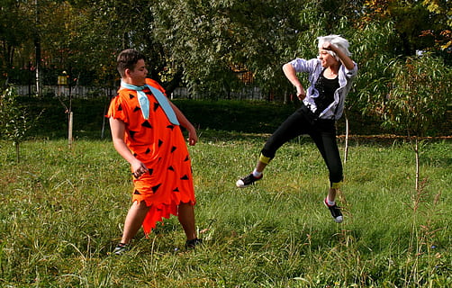 human, activity, playing, excercise, kick, plant, grass, full length, real people, women, females, leisure activity, two people, nature, togetherness, field, lifestyles, child, day, tree, childhood, males, land, girls, outdoors, pre-adolescent child, sister, 1080P, CC0, public domain, royalty free