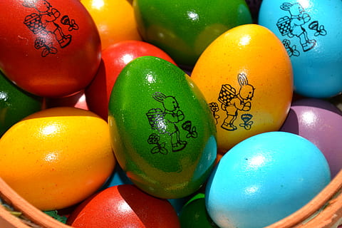 easter, easter eggs, egg, colorful, colored, color, spring, easter nest, food, osterkorb, easter bunny, easter theme, chicken eggs, eat, cheerful, blue, green, red, yellow, purple, multi colored, celebration, holiday, easter egg, food and drink, no people, still life, indoors, close-up, large group of objects, art and craft, green color, text, creativity, holiday - event, 4K, CC0, public domain, royalty free