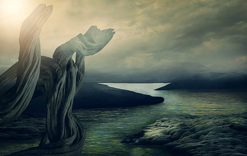 Hintergrund, Fantasie, Baum, Moos, Berge, vulkanische Landschaft, See, Wolken, Vorlage, Atmosphäre, Beleuchtung, düster, mystisch, Epos, Foto-Manipulation, surreal, Herrlich, abendstimmung, morgenstimmung, Märchen, leeren, Wasser, Himmel, Schönheit in der Natur, Meer, Szenen - Natur, wolke - himmel, Ruhe, ruhige Szene, Natur, idyllisch, keine Leute, Nicht-städtische Szene, Rock, Strand, Rock - Objekt, Horizont über Wasser, Land, Tag, solide, 4K, CC0, gemeinfrei, lizenzfrei