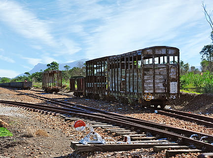 abbandonato, treno, trasporto ferroviario, traccia, ferrovia, mezzi di trasporto, cielo, modo di trasporto, treno - veicolo, nuvola - cielo, natura, corri giù, giorno, danneggiato, trasporto pubblico, obsoleto, nessuno, metallo, vecchio, architettura, all'aperto, deterioramento, scalo di manovra, ghiaia, rovinato, 2K, CC0, dominio pubblico, privo di copyright