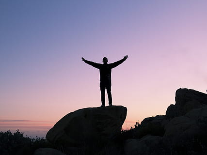 silhouette, man, raising, hands, , dom, gratitude, person, succeed, success, successful, sunset, human arm, limb, sky, standing, rock, one person, rock - object, arms outstretched, arms raised, solid, full length, beauty in nature, scenics - nature, achievement, real people, tranquility, leisure activity, freedom, human limb, outdoors, 4K, CC0, public domain, royalty free