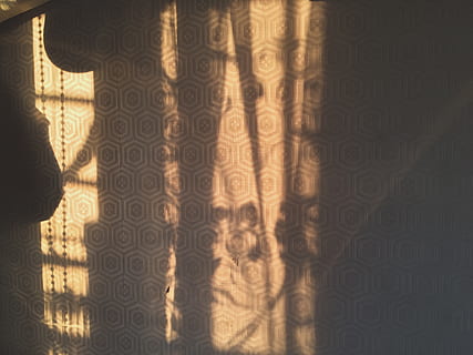 shadow, pattern, indoors, one person, design, sunlight, curtain, standing, textile, human body part, floral pattern, day, wallpaper, wall - building feature, architecture, close-up, flooring, human limb, ornate, 4K, CC0, public domain, royalty free