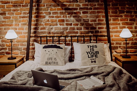enjoying, evening, macbook, nice, bed, home, loft, brick wall, computer, work, laptop, pillows, bedding, study, bedroom, domestic room, furniture, indoors, brick, communication, wall, lighting equipment, no people, pillow, technology, wireless technology, electric lamp, absence, home interior, comfortable, domestic life, cozy, 4K, CC0, public domain, royalty free