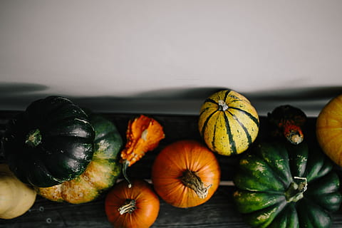variety of pumpkins, healthy, health, autumn, fall, pumpkin, vegetable, halloween, seasonal, october, november, food, food and drink, healthy eating, freshness, wellbeing, indoors, choice, variation, fruit, no people, orange color, table, studio shot, close-up, squash - vegetable, group of objects, still life, focus on foreground, organic, ripe, 4K