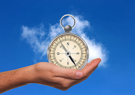 hand, compass, orientation, direction, arrows, directory, success, business, career, navigation, north, points of the compass, sky, human body part, navigational compass, blue, holding, cloud - sky, human hand, guidance, nature, single object, people, instrument of measurement, equipment, meteorology, outdoors, exploration, close-up, accuracy, 2K, CC0, public domain, royalty free