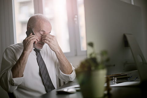 man, using, smartphone, sitting, table, adult, blur, business, businessman, call, communication, computer, desk, employee, facial expression, fatigue, indoors, office, person, plant, portrait, problem, room, sad, sit, stress, technology, telephone, tie, tired, window, work, working, one person, males, men, front view, waist up, furniture, selective focus, real people, mature adult, day, looking, senior adult, mature men, hand, contemplation, 5K, CC0, public domain, royalty free