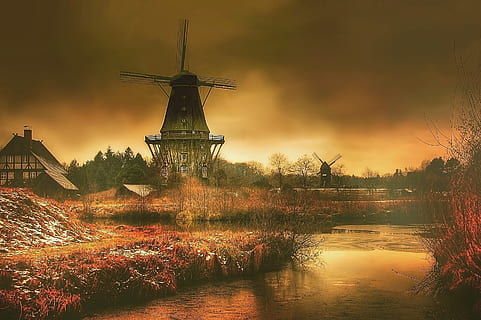 Mühle, Dunkelheit, Mystiker, dunkel, Himmel, Landschaft, Windmühle, szenisch, Sonne, alt, Holz, Licht, Sonnenuntergang, Farbe, sich ausruhen, dramatisch, rot, Abend, romantisch, mystisch, Beleuchtung, Wasser, Abendhimmel, alternative Energie, erneuerbare Energie, Baum, Pflanze, Turbine, Natur, die Architektur, Windkraftanlage, Umgebung, gebaute Struktur, Umweltschutz, Kraftstoff- und Stromerzeugung, keine Leute, traditionelle Windmühle, Windkraft, See, wolke - himmel, draußen, 2K, CC0, gemeinfrei, lizenzfrei