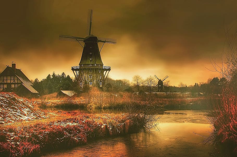 Mühle, Dunkelheit, Mystiker, dunkel, Himmel, Landschaft, Windmühle, szenisch, Sonne, alt, Holz, Licht, Sonnenuntergang, Farbe, sich ausruhen, dramatisch, rot, Abend, romantisch, mystisch, Beleuchtung, Wasser, Abendhimmel, alternative Energie, erneuerbare Energie, Baum, Pflanze, Turbine, Natur, die Architektur, Windkraftanlage, Umgebung, gebaute Struktur, Umweltschutz, Kraftstoff- und Stromerzeugung, keine Leute, traditionelle Windmühle, Windkraft, See, wolke - himmel, draußen, 2K