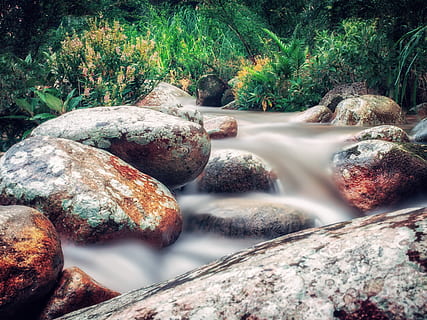 time lapse photo, river, flowing, rocks, beautiful, boulder, brook, environment, landscape, long exposure, outdoors, park, plants, rainforest, stream, summer, travel, tropical, water, rock, rock - object, solid, tree, plant, beauty in nature, nature, scenics - nature, no people, tranquility, land, forest, flowing water, day, motion, tranquil scene, 4K, CC0, public domain, royalty free