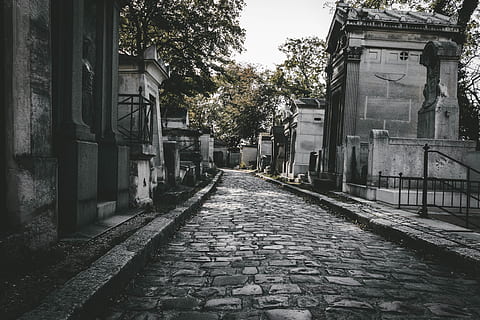cemetery, person, human, people, city, paris, france, building, street, town, urban, alleyway, alley, road, path, père lachaise cemetery, cobblestone, house, villa, housing, grave, architecture, built structure, building exterior, direction, the way forward, tree, plant, no people, footpath, day, nature, residential district, diminishing perspective, outdoors, transportation, long, 4K, CC0, public domain, royalty free