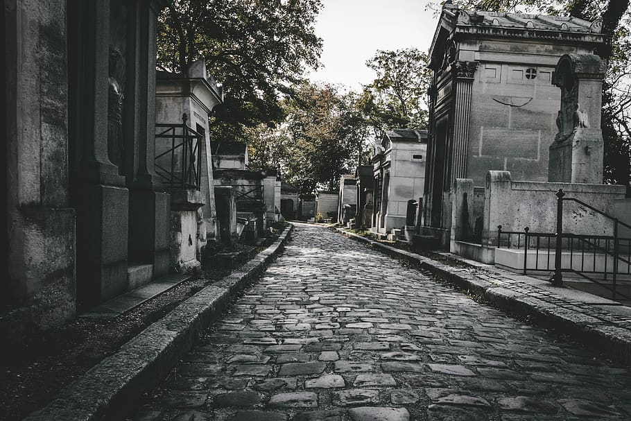 cementiri, persona, humà, gent, ciutat, paris, França, edifici, carrer, urbà, carreró, carretera, Camí, cementiri de pere lachaise, llambordes, casa, vila, habitatge, tomba, arquitectura, estructura construïda, exterior de l'edifici, direcció, el camí a seguir, arbre, planta, cap gent, sendera, dia, naturalesa, barri residencial, perspectiva decreixent, a l'aire lliure, transport, llarg, 4K