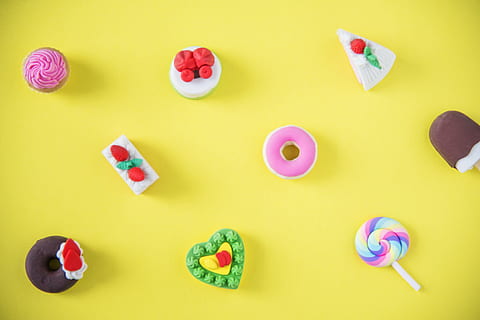 background, bakery, cake, candy, children, chocolate, close up, close-up, closeup, collection, colorful, cream, cupcake, cute, decor, decoration, decorative, delicious, dessert, donut, dummy, eating, education, fake, fake food, food, handm, colored background, food and drink, sweet food, yellow, studio shot, multi colored, sweet, choice, no people, indoors, group of objects, variation, directly above, still life, creativity, yellow background, medium group of objects, unhealthy eating, green background, temptation, snack, 2K, CC0, public domain, royalty free