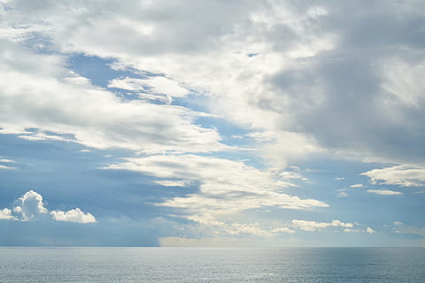 cloud, blue, sky, clouds, nature, color, landscape, atmosphere, background, texture, air, high, space, great, unbelievable, marine, water, ocean, holiday, travel, season, environmental, cloud - sky, sea, beauty in nature, horizon over water, scenics - nature, tranquility, tranquil scene, horizon, waterfront, day, no people, idyllic, outdoors, sunlight, non-urban scene, seascape, 5K, CC0, public domain, royalty free