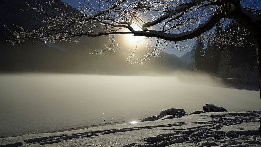 vinter, sø, is, vinterlige, sne, landskab, tåge, kold, frosne sø, Frosset, humør, bjerge, træ, vand, skønhed i naturen, ro, plante, natur, sollys, rolig scene, scenics - natur, himmel, dag, ingen mennesker, jord, rock-objekt, kold temperatur, klippe, udendørs, 5K