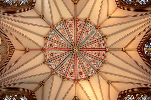 multicolored artwork, architecture, building, dome, the cathedral and metropolitical church of st peter in york, united kingdom, minster yd, interior, roof, ceiling, inside, geometry, geometric, room, church, 8k, uhd, 4k, ornament, historic, cathedral, low angle view, built structure, religion, belief, place of worship, pattern, spirituality, indoors, no people, design, directly below, travel destinations, architectural feature, arch, architecture and art, ornate, floral pattern, 8K, CC0, public domain, royalty free
